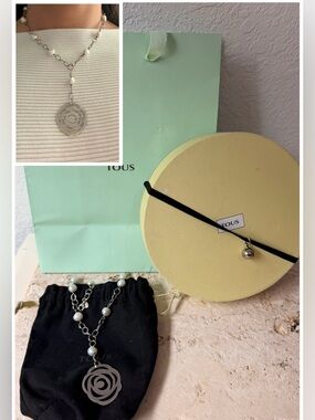 TOUS Rosa d’Abril Adjustable 925 Silver Necklace w/ Pearls & Rose Pendant + Box